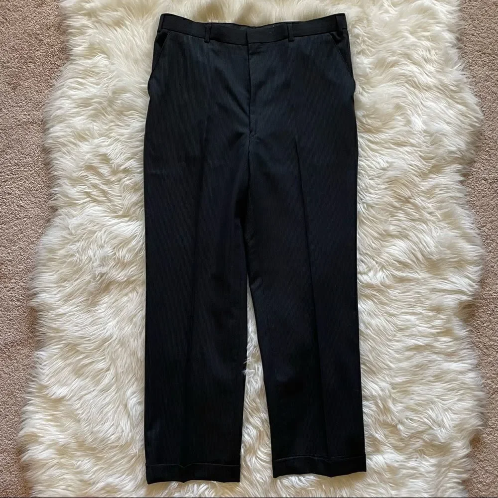 John Weitz Studios Pencil Stripe Wool 2 Piece Suit Black Size 42R Portly